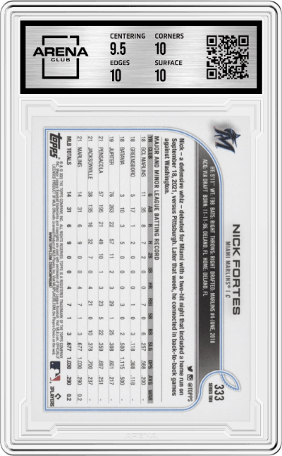 Nick Fortes from the 2022 Topps set graded by Arena Club and given an overall grade of 10.