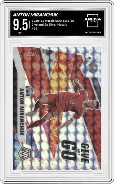 Anton Miranchuk from the 2020-21 Mosaic UEFA Euro 2020
 set featuring a Silver Mosaic parallel graded by Arena Club and given an overall grade of 9.5.
