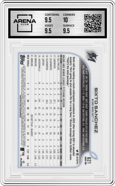Sixto Sanchez from the 2022 Topps set graded by Arena Club and given an overall grade of 10.
