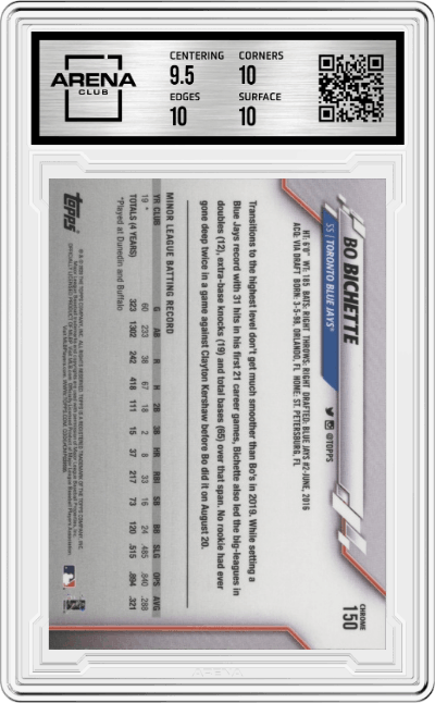 Bo Bichette from the 2020 Topps Chrome set graded by Arena Club and given an overall grade of 10.