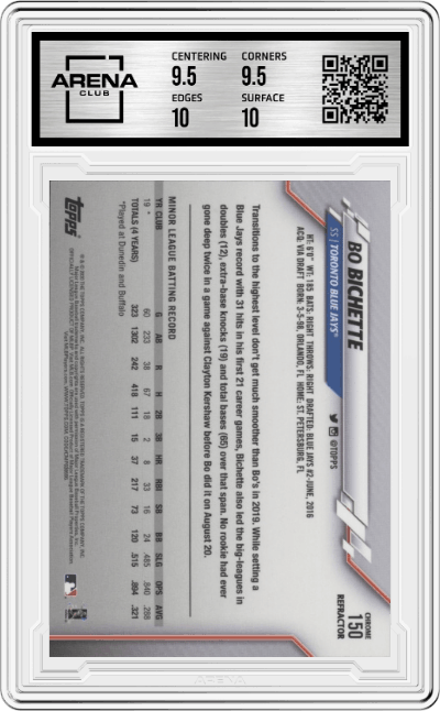 Bo Bichette from the 2020 Topps Chrome set featuring a Sepia Refractor parallel graded by Arena Club and given an overall grade of 10.