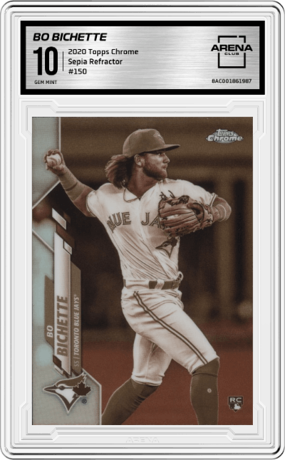 Bo Bichette from the 2020 Topps Chrome set featuring a Sepia Refractor parallel graded by Arena Club and given an overall grade of 10.