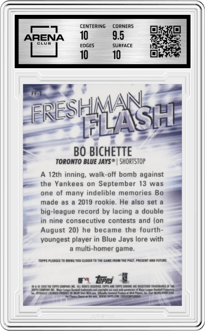 Bo Bichette from the 2020 Topps Chrome set graded by Arena Club and given an overall grade of 10.