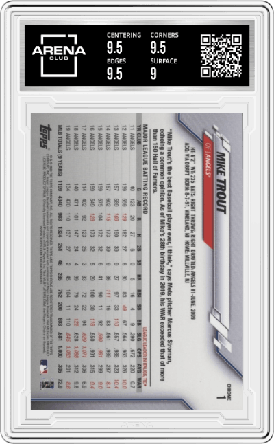 Mike Trout from the 2020 Topps Chrome Ben Baller Edition set graded by Arena Club and given an overall grade of 9.5.