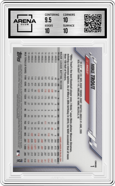Mike Trout from the 2020 Topps Chrome Ben Baller Edition set graded by Arena Club and given an overall grade of 10.