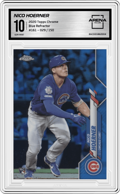 Nico Hoerner from the 2020 Topps Chrome set featuring a Blue Refractor parallel graded by Arena Club and given an overall grade of 10.