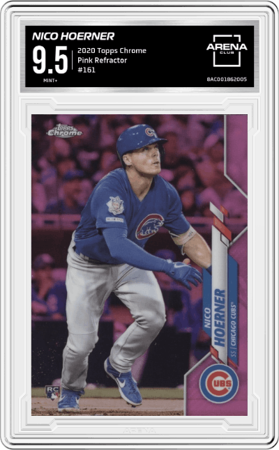 Nico Hoerner from the 2020 Topps Chrome set featuring a Pink Refractor parallel graded by Arena Club and given an overall grade of 9.5.