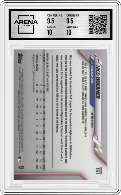 Nico Hoerner from the 2020 Topps Chrome set graded by Arena Club and given an overall grade of 10.