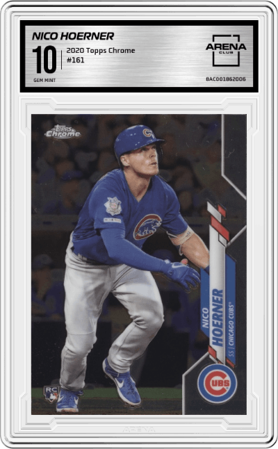 Nico Hoerner from the 2020 Topps Chrome set graded by Arena Club and given an overall grade of 10.