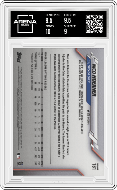 Nico Hoerner from the 2020 Topps Chrome set graded by Arena Club and given an overall grade of 9.5.