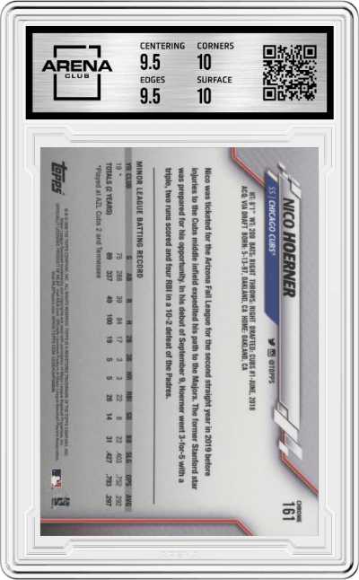Nico Hoerner from the 2020 Topps Chrome set graded by Arena Club and given an overall grade of 10.