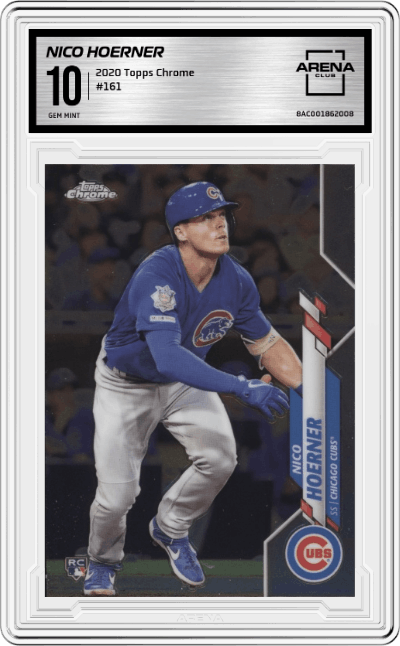 Nico Hoerner from the 2020 Topps Chrome set graded by Arena Club and given an overall grade of 10.