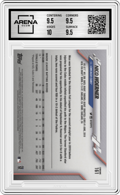 Nico Hoerner from the 2020 Topps Chrome set graded by Arena Club and given an overall grade of 10.