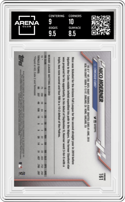 Nico Hoerner from the 2020 Topps Chrome set graded by Arena Club and given an overall grade of 9.
