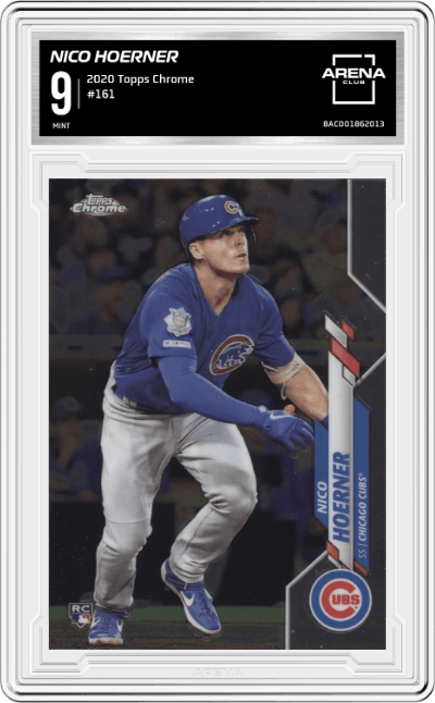 Nico Hoerner from the 2020 Topps Chrome set graded by Arena Club and given an overall grade of 9.