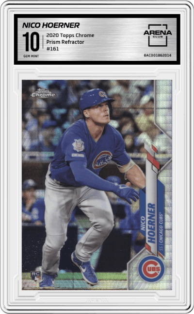 Nico Hoerner from the 2020 Topps Chrome set featuring a Prism Refractor parallel graded by Arena Club and given an overall grade of 10.