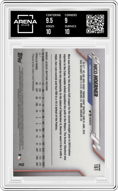 Nico Hoerner from the 2020 Topps Chrome set graded by Arena Club and given an overall grade of 9.5.
