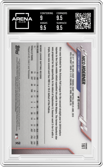 Nico Hoerner from the 2020 Topps Chrome set graded by Arena Club and given an overall grade of 9.5.