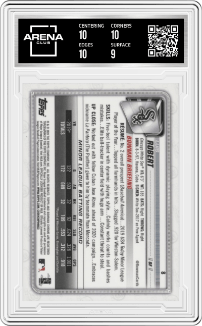 Luis Robert from the 2020 Bowman Chrome set graded by Arena Club and given an overall grade of 9.5.