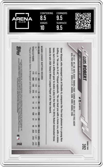 Luis Robert from the 2020 Topps set graded by Arena Club and given an overall grade of 9.