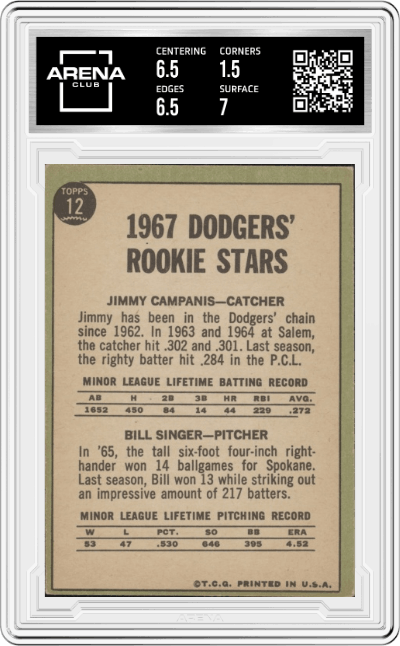 Dodgers Rookies from the 1967 Topps set graded by Arena Club and given an overall grade of 2.