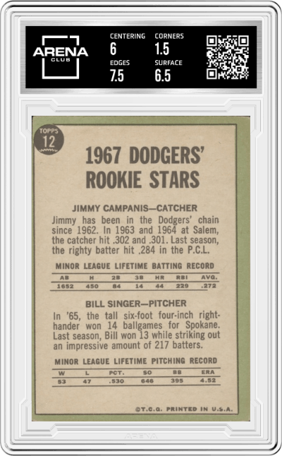 Dodgers Rookies from the 1967 Topps set graded by Arena Club and given an overall grade of 2.