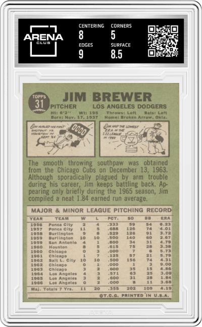 Jim Brewer from the 1967 Topps set graded by Arena Club and given an overall grade of 5.5.
