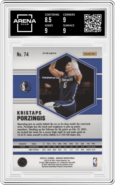 Kristaps Porzingis from the 2020-21 Panini Mosaic set featuring a Reactive Yellow parallel graded by Arena Club and given an overall grade of 9.