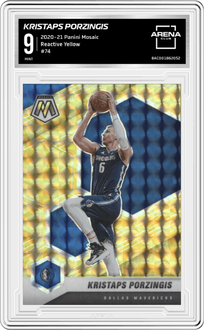 Kristaps Porzingis from the 2020-21 Panini Mosaic set featuring a Reactive Yellow parallel graded by Arena Club and given an overall grade of 9.