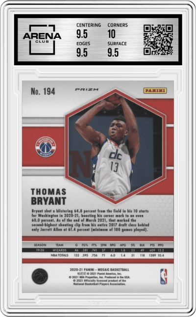 Thomas Bryant from the 2020-21 Panini Mosaic set featuring a Reactive Yellow parallel graded by Arena Club and given an overall grade of 10.