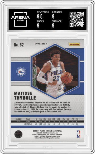 Matisse Thybulle from the 2020-21 Panini Mosaic set featuring a Reactive Yellow parallel graded by Arena Club and given an overall grade of 9.