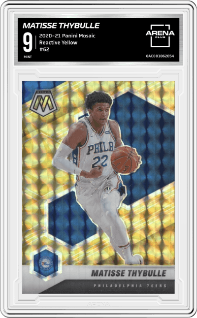 Matisse Thybulle from the 2020-21 Panini Mosaic set featuring a Reactive Yellow parallel graded by Arena Club and given an overall grade of 9.