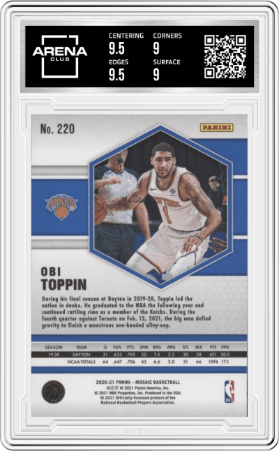 Obi Toppin from the 2020-21 Panini Mosaic set graded by Arena Club and given an overall grade of 9.5.