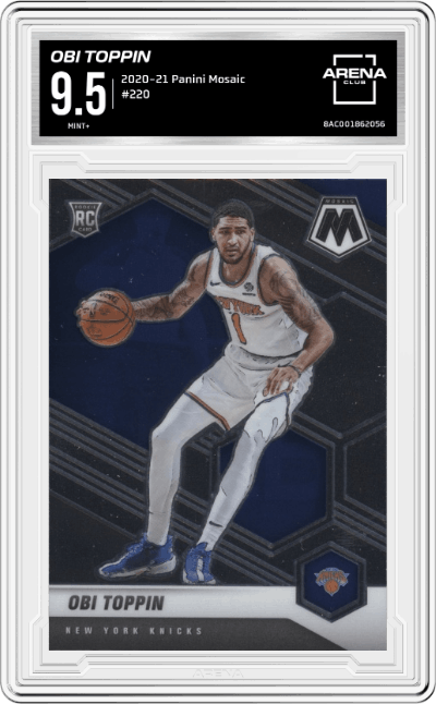 Obi Toppin from the 2020-21 Panini Mosaic set graded by Arena Club and given an overall grade of 9.5.