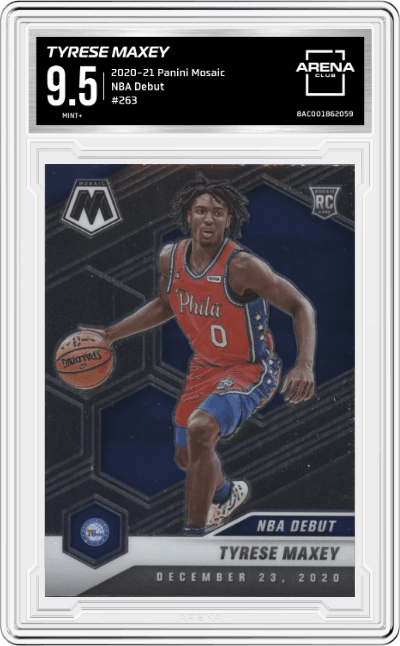 Tyrese Maxey from the 2020-21 Panini Mosaic set graded by Arena Club and given an overall grade of 9.5.