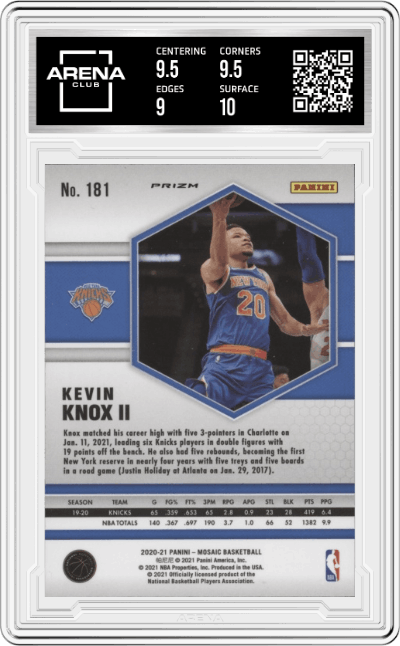 Kevin Knox II from the 2020-21 Panini Mosaic set featuring a Silver  parallel graded by Arena Club and given an overall grade of 9.5.