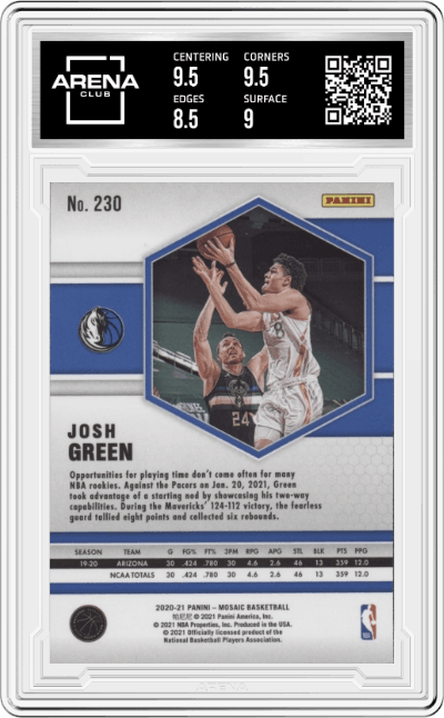 Josh Green from the 2020-21 Panini Mosaic set graded by Arena Club and given an overall grade of 9.