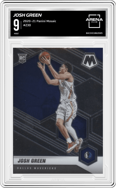 Josh Green from the 2020-21 Panini Mosaic set graded by Arena Club and given an overall grade of 9.