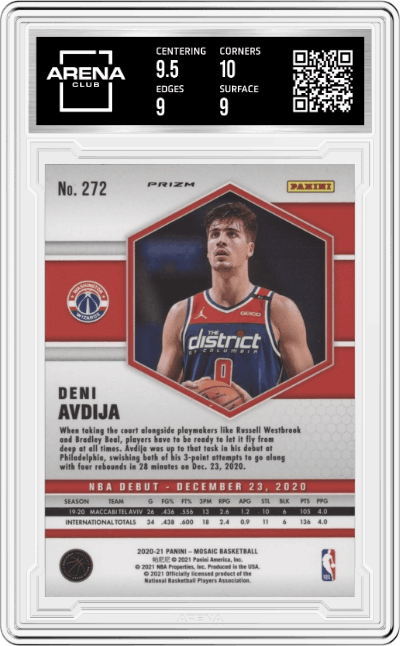 Deni Avdija from the 2020-21 Panini Mosaic set featuring a Reactive Yellow parallel graded by Arena Club and given an overall grade of 9.5.