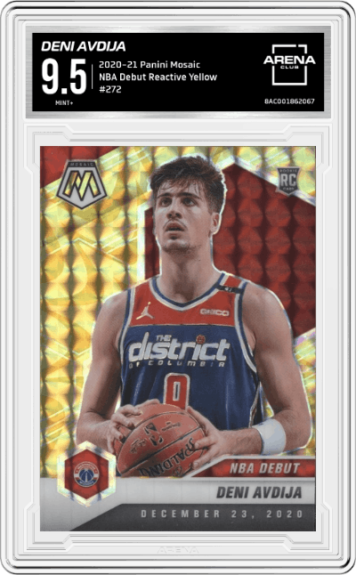 Deni Avdija from the 2020-21 Panini Mosaic set featuring a Reactive Yellow parallel graded by Arena Club and given an overall grade of 9.5.