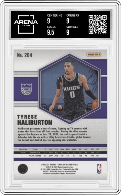 Tyrese Haliburton from the 2020-21 Panini Mosaic set graded by Arena Club and given an overall grade of 9.
