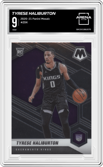 Tyrese Haliburton from the 2020-21 Panini Mosaic set graded by Arena Club and given an overall grade of 9.