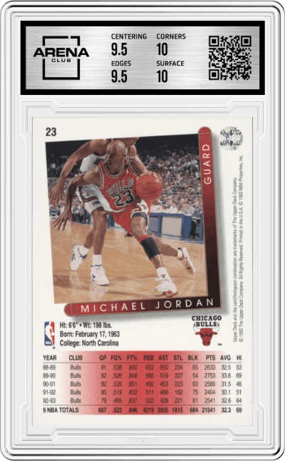 Michael Jordan from the 1993-94 Upper Deck set graded by Arena Club and given an overall grade of 10.