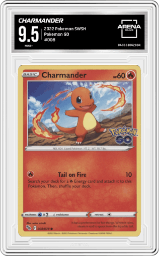 Charmander from the 2022 Pokemon SWSH set graded by Arena Club and given an overall grade of 9.5.