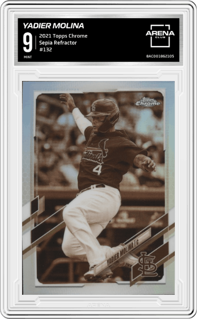 Yadier Molina from the 2021 Topps Chrome set featuring a Sepia Refractor parallel graded by Arena Club and given an overall grade of 9.