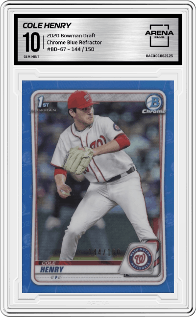 Cole Henry from the 2020 Bowman Draft set featuring a Blue Refractor parallel graded by Arena Club and given an overall grade of 10.