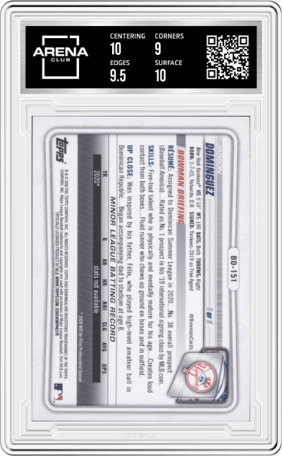 Jasson Dominguez from the 2020 Bowman Draft set featuring a Blue Border parallel graded by Arena Club and given an overall grade of 9.5.