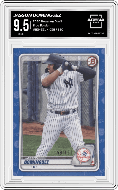 Jasson Dominguez from the 2020 Bowman Draft set featuring a Blue Border parallel graded by Arena Club and given an overall grade of 9.5.