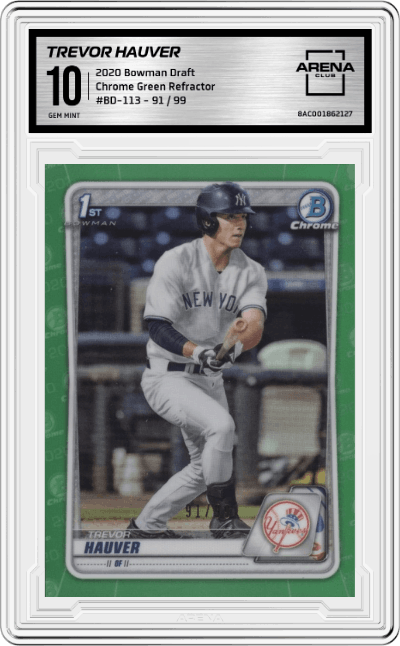 Trevor Hauver from the 2020 Bowman Draft set featuring a Green Refractor parallel graded by Arena Club and given an overall grade of 10.