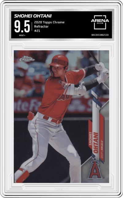 Shohei Ohtani from the 2020 Topps Chrome set featuring a Refractor parallel graded by Arena Club and given an overall grade of 9.5.